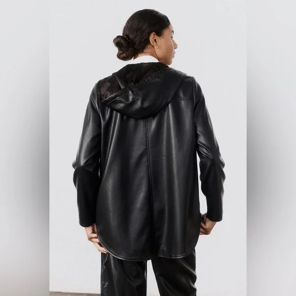 $349 RUTI Black Vegan Leather Hooded Jacket, Size 6 - Picture 5 of 8